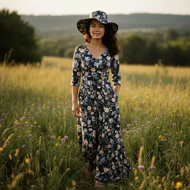 Asian woman in outdoor setting after AI clothes transformation with fashionable outfit