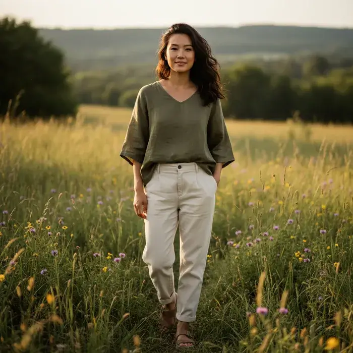 Asian woman in outdoor setting before AI clothes transformation
