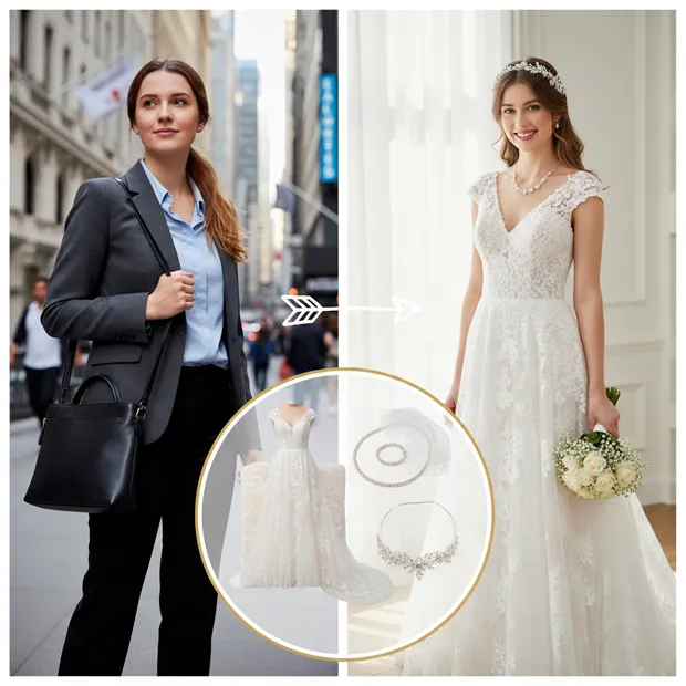Lady in elegant wedding dress - AI clothes changing showcase
